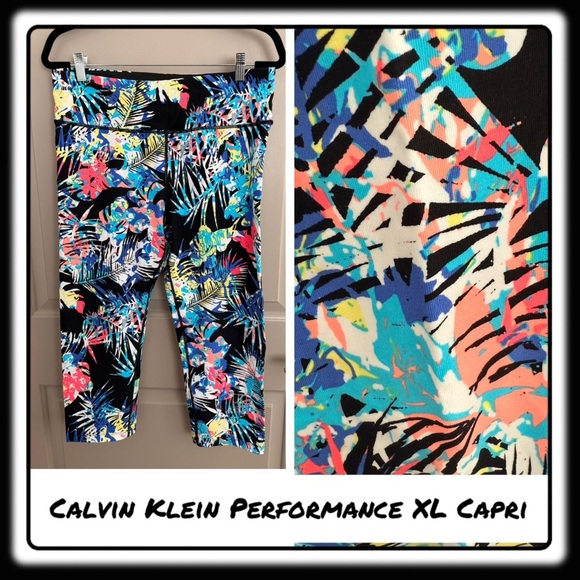 Calvin Klein Performance leggings. Black, white, teal, orange. Size XL Capri - Picture 1 of 7